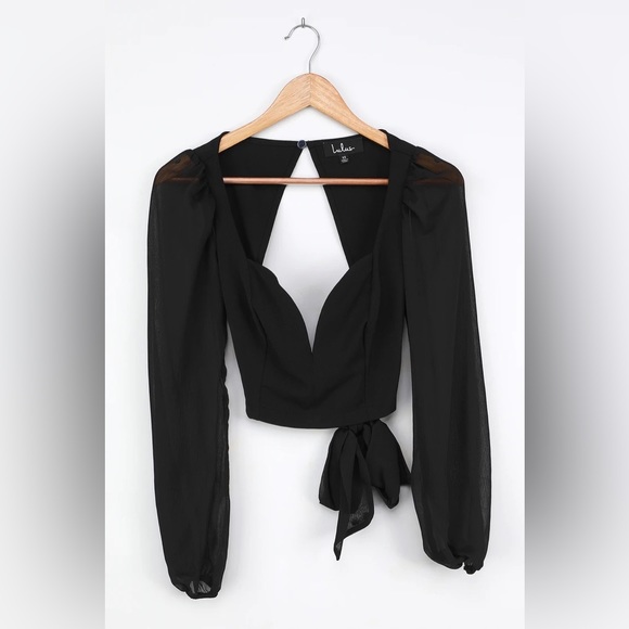 NWT Lulus Say it Again Black Tie-Back Long Sleeve Crop Top - Picture 5 of 7